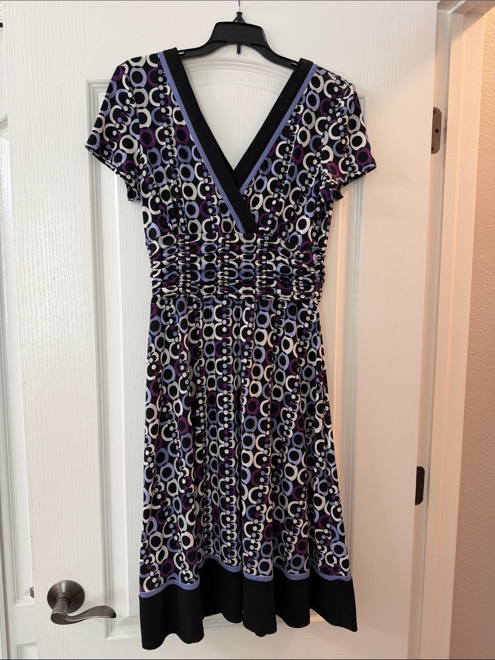 Sandra Darren Geometric V-Neck Midi Dress in Purple, Black and White